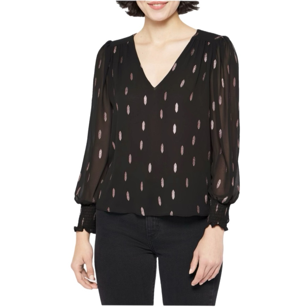 1. STATE • Smocked Sleeve V Neck Foil Blouse • Black • Large